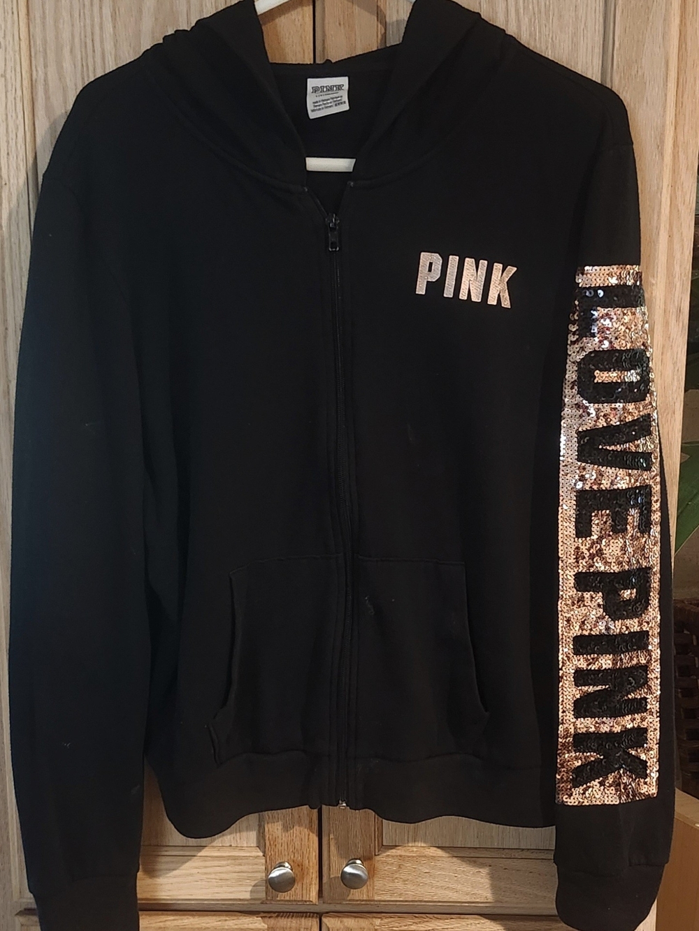 RARE CUTE 🥰 PINK Victoria's Secret Girls' Black Sequin Accent Zip Hoodie